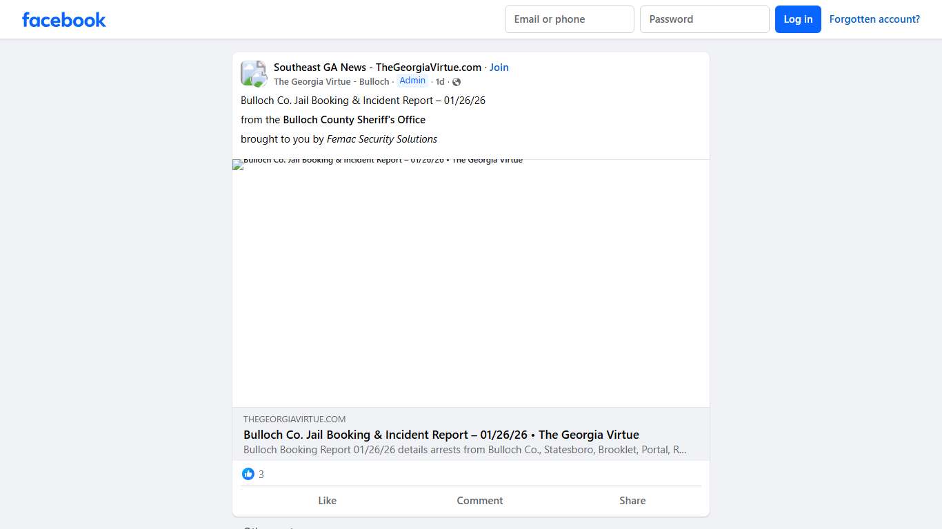 Southeast GA News - TheGeorgiaVirtue.com Bulloch Co. Jail Booking & Incident Report – 01/26/26 Facebook